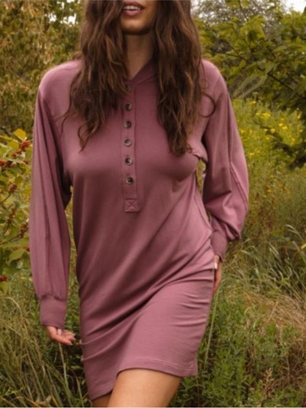 Summersalt Long Sleeve The Softest French Terry Henley Dress in Rosewood